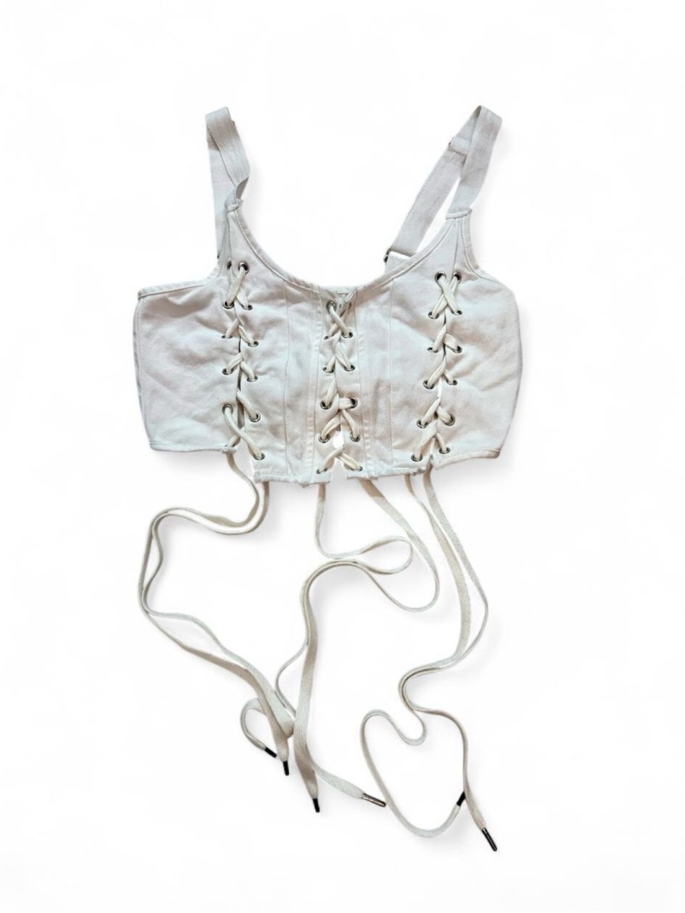 White Denim Corset Top With Lace Up Front & Adjustable Straps